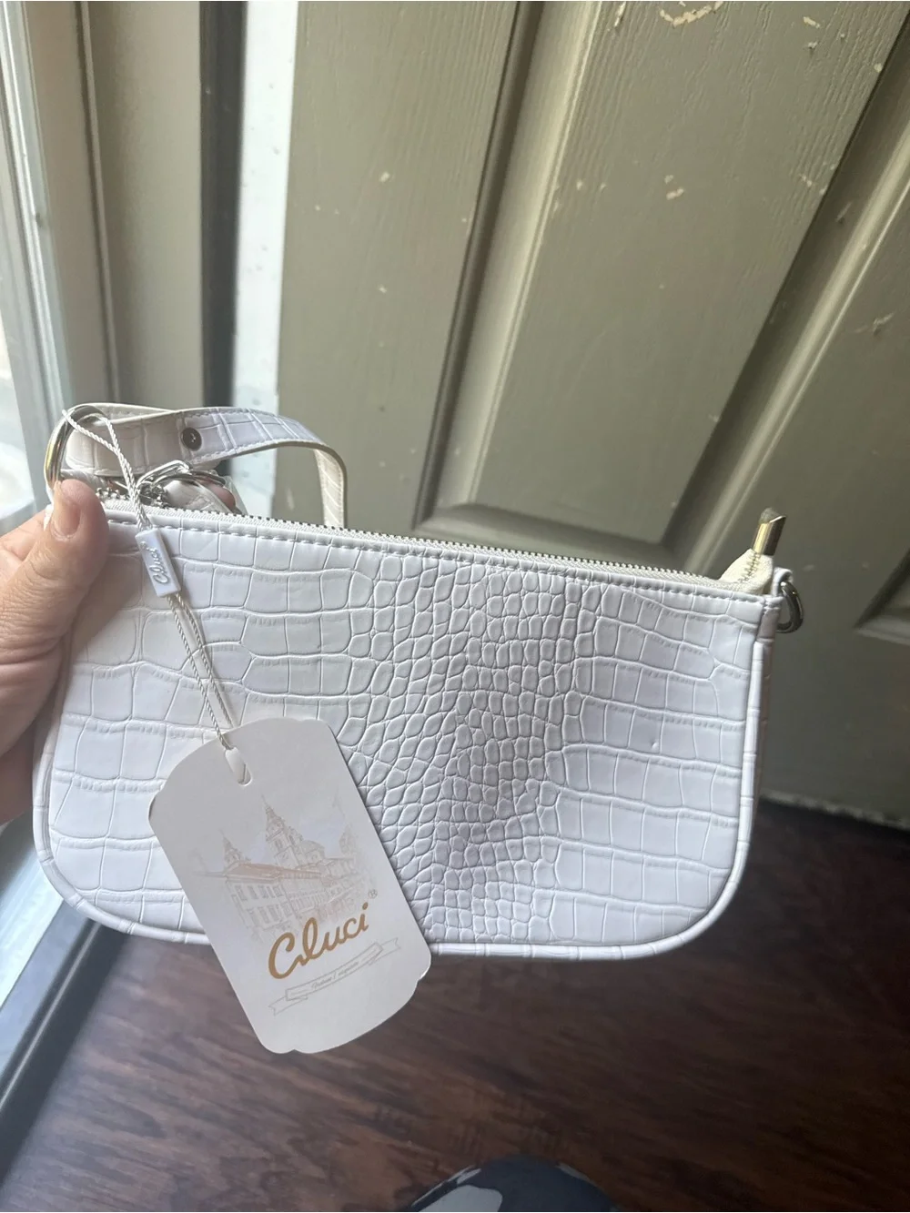 White Croc-Embossed Wristlet Bag